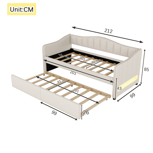 Cama divã com LED 90x200cm + cama com gavetão 90x190cm - estofo em tecido de linho - Bege (colchão não incluído)