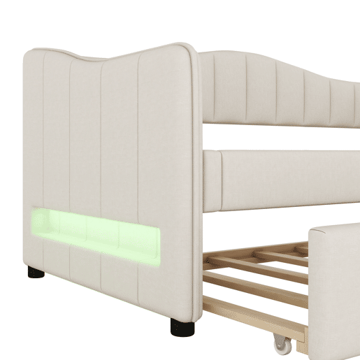 Cama divã com LED 90x200cm + cama com gavetão 90x190cm - estofo em tecido de linho - Bege (colchão não incluído)