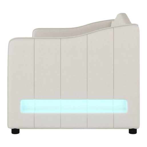 Cama divã com LED 90x200cm + cama com gavetão 90x190cm - estofo em tecido de linho - Bege (colchão não incluído)