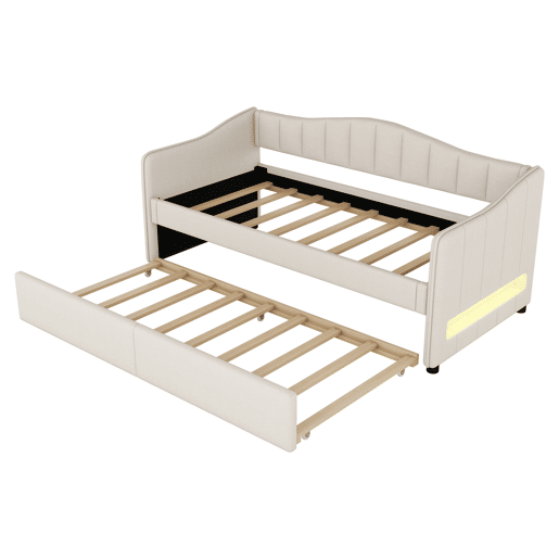 Cama divã com LED 90x200cm + cama com gavetão 90x190cm - estofo em tecido de linho - Bege (colchão não incluído)