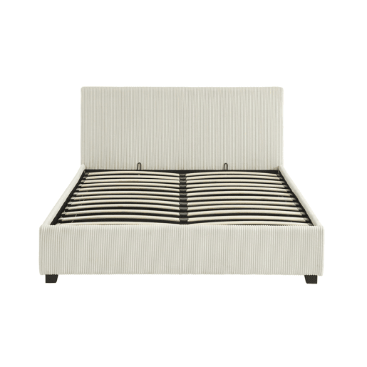Cama com base de ripas e cabeceira 140cm, veludo canelado fino, Avalon, Branco, 202x148x86 cm
