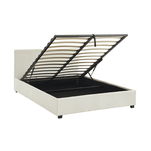 Cama com base de ripas e cabeceira 140cm, veludo canelado fino, Avalon, Branco, 202x148x86 cm