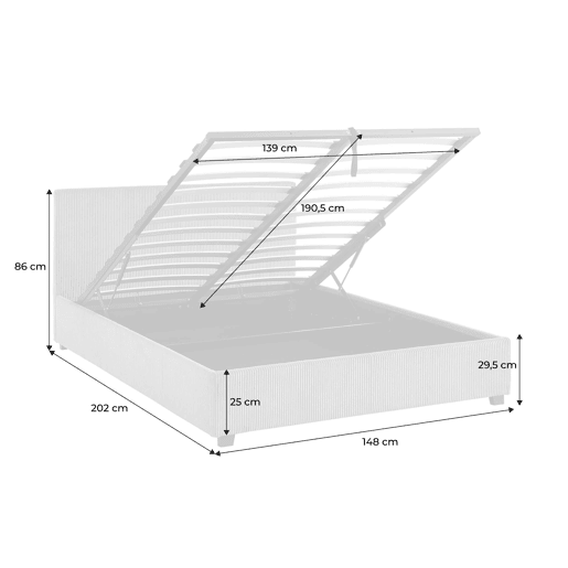 Cama com base de ripas e cabeceira 140cm, veludo canelado fino, Avalon, Branco, 202x148x86 cm