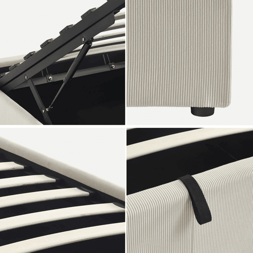 Cama com base de ripas 90cm, veludo canelado fino, Devon, Branco, 203x97x32 cm