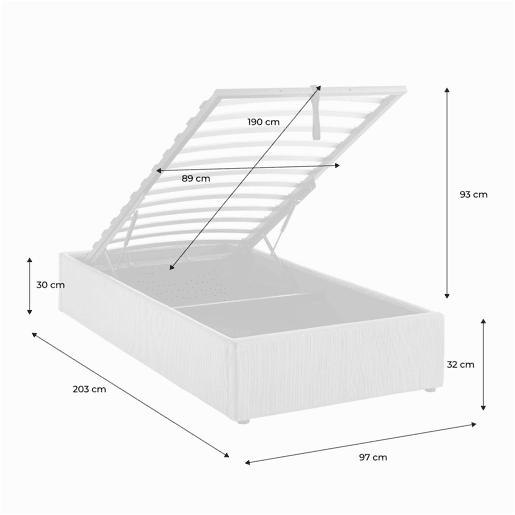 Cama com base de ripas 90cm, veludo canelado fino, Devon, Branco, 203x97x32 cm