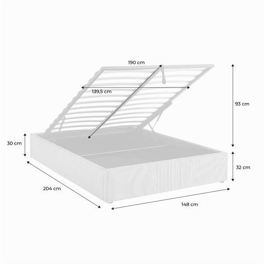 Cama com base de ripas 140cm, veludo canelado fino, Devon, Branco, 204x148x32 cm