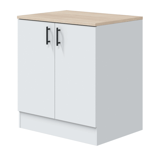 Pacote de móveis de cozinha modulares Kira em branco brilhante e carvalho canadense com pia, 4 módulos, portas, gavetas e prateleiras