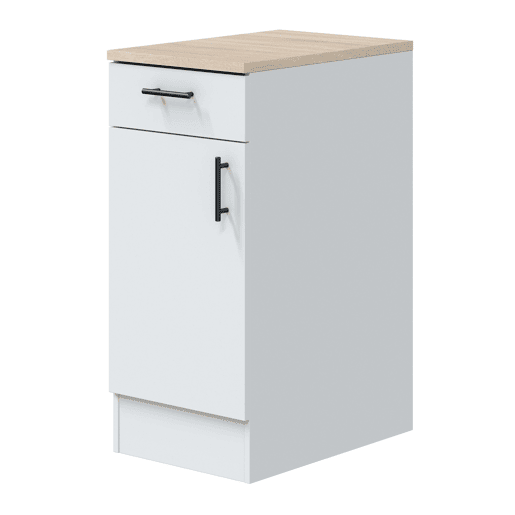 Pacote de móveis de cozinha modulares Kira em branco brilhante e carvalho canadense com pia, 4 módulos, portas, gavetas e prateleiras