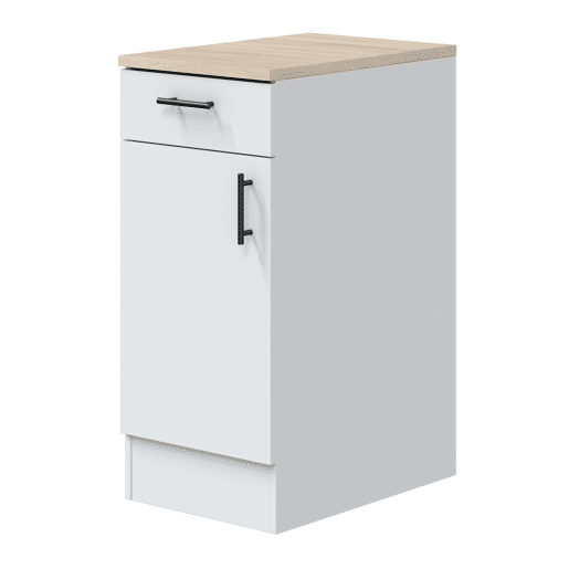 Pacote de móveis de cozinha modulares Kira em branco brilhante e carvalho canadense com 7 módulos, gavetas e portas dobráveis Pacote de móveis de cozinha modulares Kira em branco brilhante e carvalho canadense com 7 módulos, gavetas e portas dobráveis