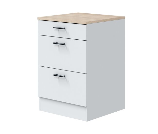 Módulo Inferior Cocina Kira 3 Cajones Estilo Moderno Blanco Brillo y Roble Canadian 60x90x60 cm