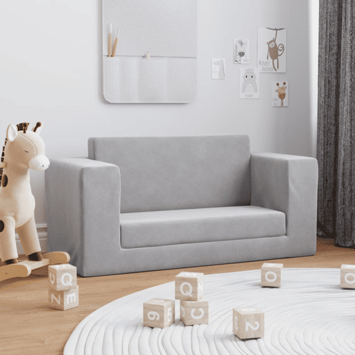Sofá-cama infantil, Sofá conversível para crianças de 2 lugares pelúcia macia cinzento-claro