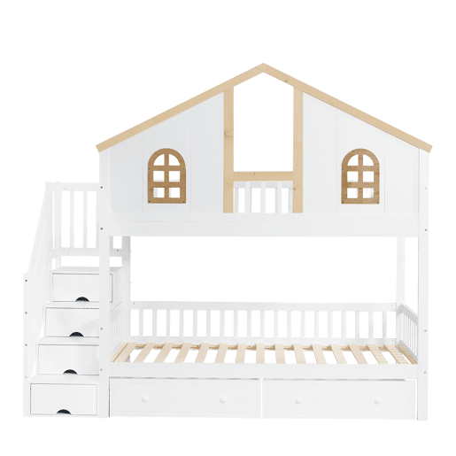 Beliche com escada de arrumação e 2 gavetas debaixo da cama - 90x200 cm - com estrado - Branco e Natural