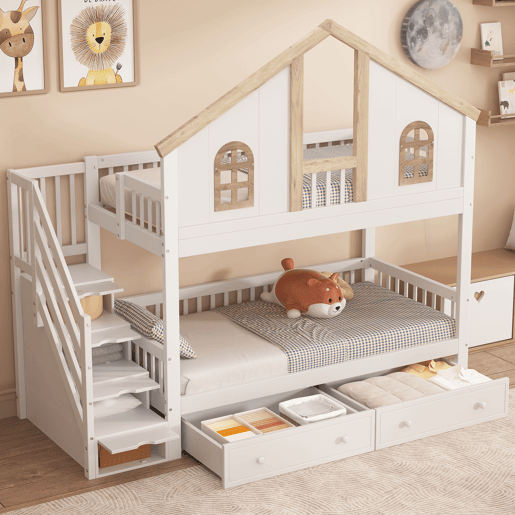 Beliche com escada de arrumação e 2 gavetas debaixo da cama - 90x200 cm - com estrado - Branco e Natural