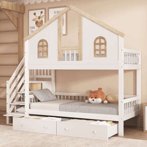 Beliche com escada de arrumação e 2 gavetas debaixo da cama - 90x200 cm - com estrado - Branco e Natural