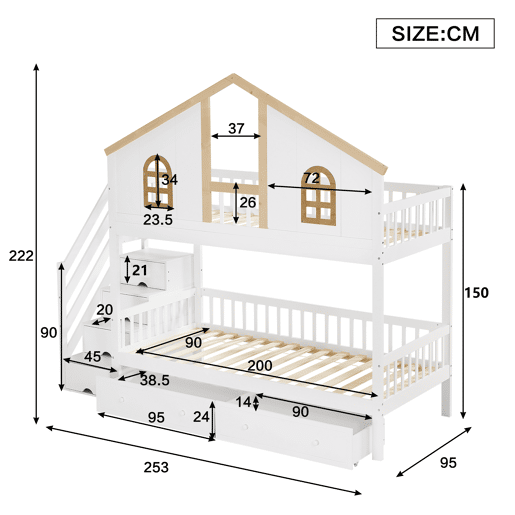 Beliche com escada de arrumação e 2 gavetas debaixo da cama - 90x200 cm - com estrado - Branco e Natural