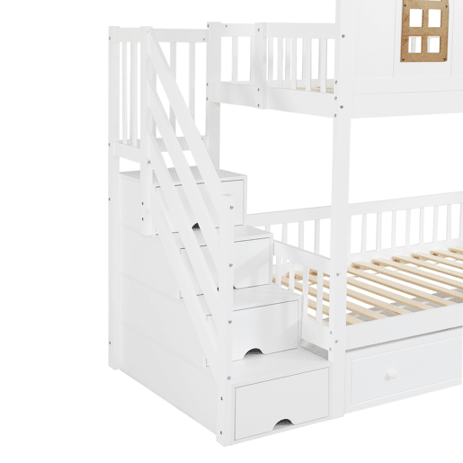 Beliche com escada de arrumação e 2 gavetas debaixo da cama - 90x200 cm - com estrado - Branco e Natural