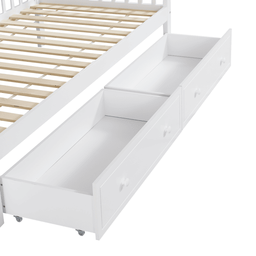 Beliche com escada de arrumação e 2 gavetas debaixo da cama - 90x200 cm - com estrado - Branco e Natural