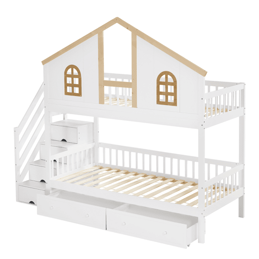 Beliche com escada de arrumação e 2 gavetas debaixo da cama - 90x200 cm - com estrado - Branco e Natural