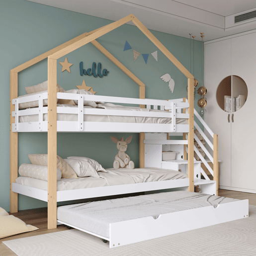Beliche 90x200cm + cama de rodízio 90x190cm - cama de rodízio para crianças com escada para arrumação - madeira maciça - Branco