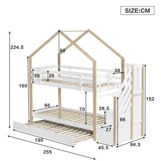 Beliche 90x200cm + cama de rodízio 90x190cm - cama de rodízio para crianças com escada para arrumação - madeira maciça - Branco