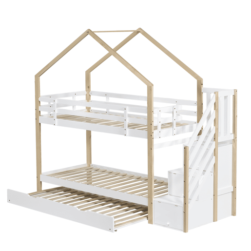 Beliche 90x200cm + cama de rodízio 90x190cm - cama de rodízio para crianças com escada para arrumação - madeira maciça - Branco