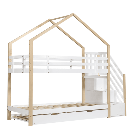 Beliche 90x200cm + cama de rodízio 90x190cm - cama de rodízio para crianças com escada para arrumação - madeira maciça - Branco