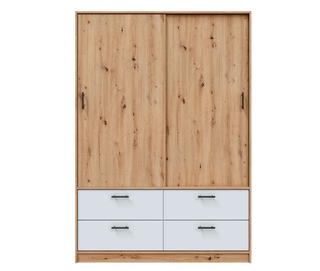 Armario 2 puertas correderas y 4 cajones lúmina dormitorio o habitación blanco artik y roble nodi 140x200x60 cm