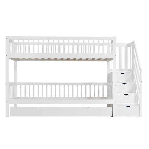 Beliche 90x200 cm com cama de rodízio 90x190 cm - madeira de pinho - com escada de arrumação e gradeamento - Branco
