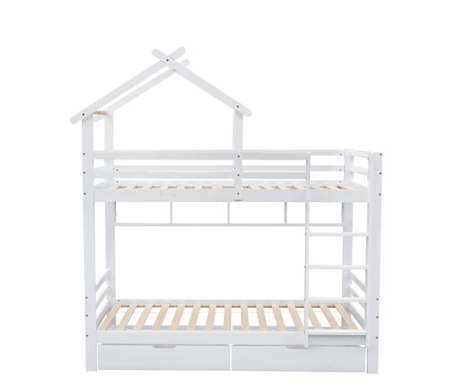 Litera cabina 90x200 cm de pino macizo con cajones y estantes + somieres - blanco