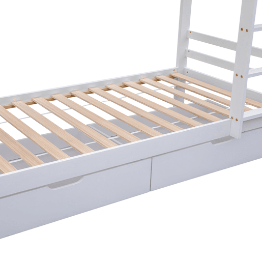 Beliche 90x200 cm em pinho maciço com gavetas e prateleiras + estrados - Branco