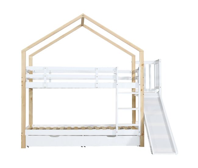 Litera con tobogán y escalera y cajones - estructura de madera maciza - 90x200 cm - blanco