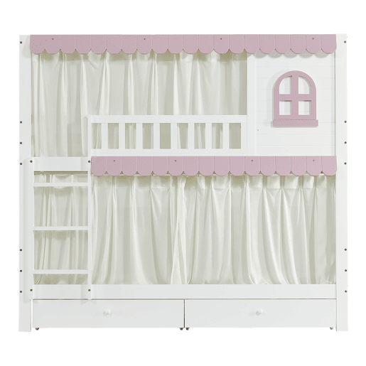 Beliche em madeira - 90x200 cm - com 2 gavetas e prateleiras - Branco e cor-de-rosa (com cortinas)