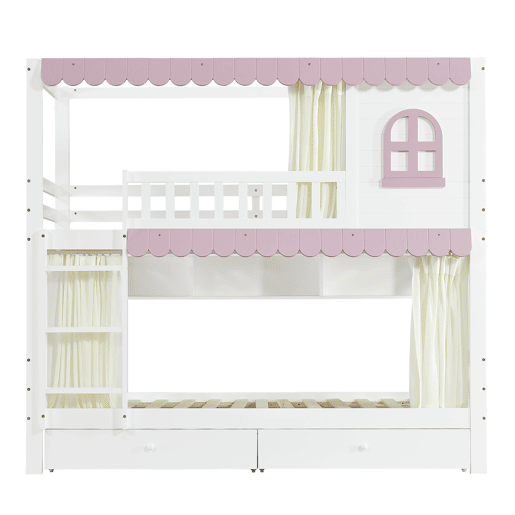 Beliche em madeira - 90x200 cm - com 2 gavetas e prateleiras - Branco e cor-de-rosa (com cortinas)