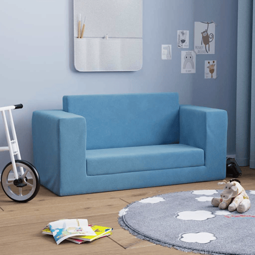 Sofá-cama infantil, Sofá conversível para crianças de 2 lugares pelúcia macia azul