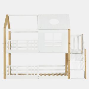 Beliche em madeira de pinho e MDF - com escada de arrumação - 90x200 cm - Branco e Natural