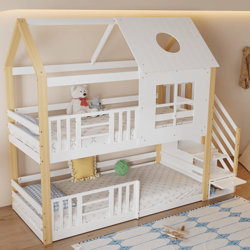 Beliche em madeira de pinho e MDF - com escada de arrumação - 90x200 cm - Branco e Natural