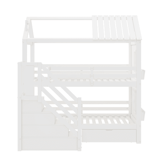 Beliche para crianças 90x200cm - com escada de arrumação + 2 gavetas + prateleiras - em madeira de pinho e MDF - Branco Beliche para crianças 90x200cm - com escada de arrumação + 2 gavetas + prateleiras - em madeira de pinho e MDF - Branco