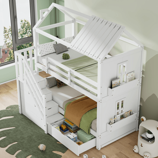 Beliche para crianças 90x200cm - com escada de arrumação + 2 gavetas + prateleiras - em madeira de pinho e MDF - Branco Beliche para crianças 90x200cm - com escada de arrumação + 2 gavetas + prateleiras - em madeira de pinho e MDF - Branco
