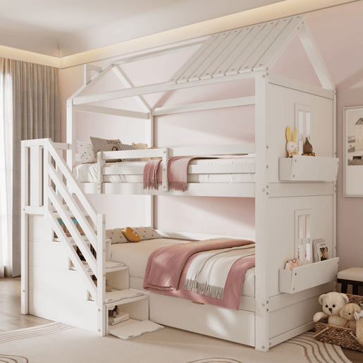 Beliche para crianças 90x200cm - com escada de arrumação + 2 gavetas + prateleiras - em madeira de pinho e MDF - Branco Beliche para crianças 90x200cm - com escada de arrumação + 2 gavetas + prateleiras - em madeira de pinho e MDF - Branco