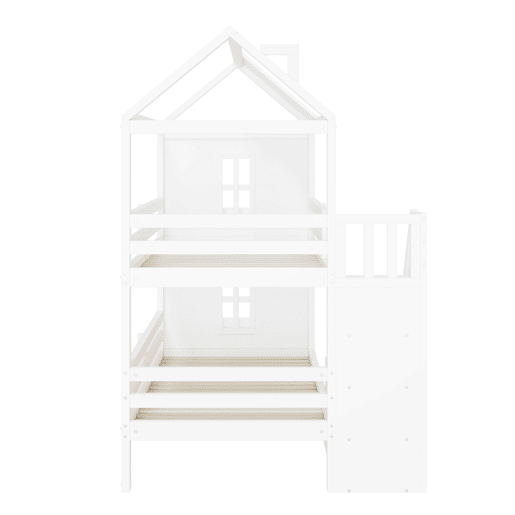 Beliche para crianças 90x200cm - com escada de arrumação + 2 gavetas + prateleiras - em madeira de pinho e MDF - Branco Beliche para crianças 90x200cm - com escada de arrumação + 2 gavetas + prateleiras - em madeira de pinho e MDF - Branco