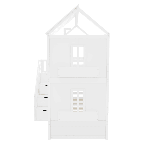 Beliche para crianças 90x200cm - com escada de arrumação + 2 gavetas + prateleiras - em madeira de pinho e MDF - Branco Beliche para crianças 90x200cm - com escada de arrumação + 2 gavetas + prateleiras - em madeira de pinho e MDF - Branco