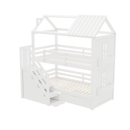 Beliche para crianças 90x200cm - com escada de arrumação + 2 gavetas + prateleiras - em madeira de pinho e MDF - Branco Beliche para crianças 90x200cm - com escada de arrumação + 2 gavetas + prateleiras - em madeira de pinho e MDF - Branco