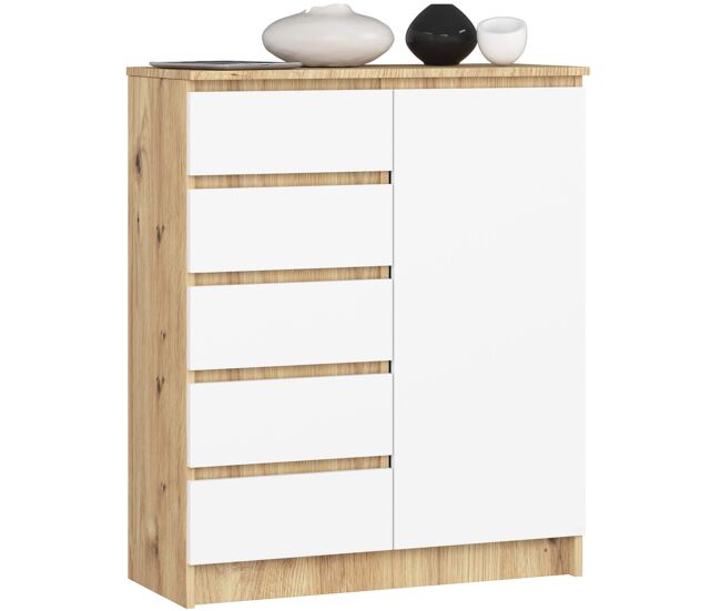 Cómoda akord k80 roble artisan 80 cm 1 puerta 5 cajones frente en color blanco 80x35x97 cm