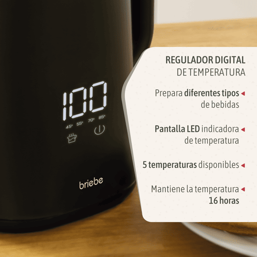 Briebe KT1175BLK eBoil Chaleira Elétrica de Água 1,7L Controlador de Temperatura Digital 45°C a 100°C Função Keep Warm, 1500, Preto