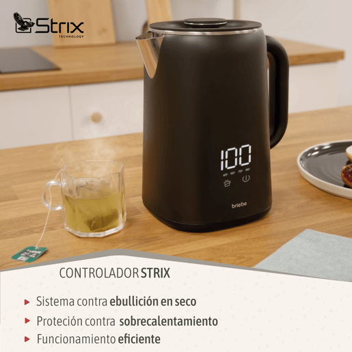 Briebe KT1175BLK eBoil Chaleira Elétrica de Água 1,7L Controlador de Temperatura Digital 45°C a 100°C Função Keep Warm, 1500, Preto