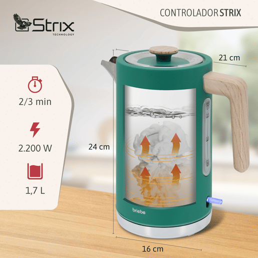Briebe KT1165GRE Nordic Bollitore Elettrico 1,7L Cordless, Ebollizione Rapida senza BPA, Base 360, 2200, Verde