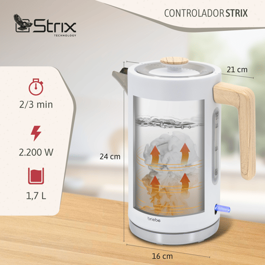 Briebe KT1165WHT Nordic Chaleira Elétrica 1,7 L Sem BPA, Base 360°, Controlador Strix, Desligamento Automático, 2200, Branco