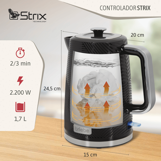 Briebe KT1168BLK Elegance Chaleira Elétrica 1,7 L Sem BPA, Base 360°, Controlador Strix, Desligamento Automático, 2200, Preto