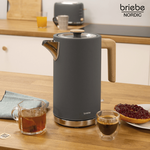 Briebe KT1165GRY Nordic Chaleira Elétrica 1,7 L Sem BPA, Base 360°, Controlador Strix, Desligamento Automático, 2200, Cinza