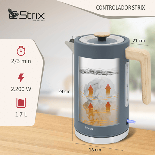 Briebe KT1165GRY Nordic Chaleira Elétrica 1,7 L Sem BPA, Base 360°, Controlador Strix, Desligamento Automático, 2200, Cinza